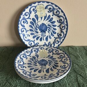 Artisan de Luxe Blue Floral Scroll Melamine Dinner Plates Set of 4 NEW!